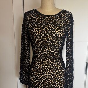 Catherine Malandrino Mesh Lace Dress Black Crochet Overlay Back Cutout